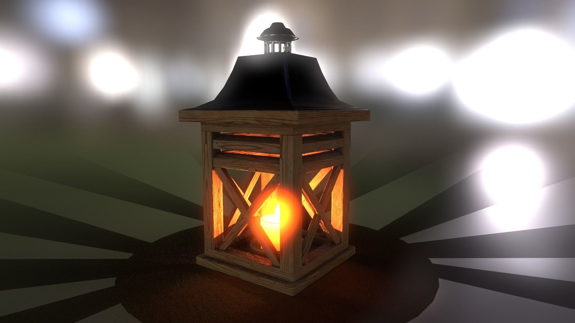 Burning candle in a wooden lantern 3D model_4