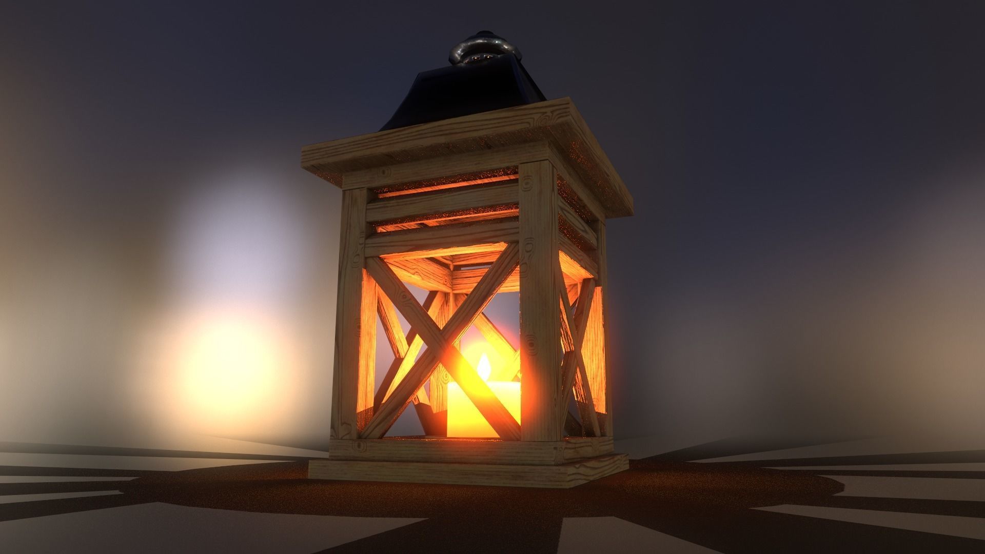 Burning candle in a wooden lantern 3D model_3
