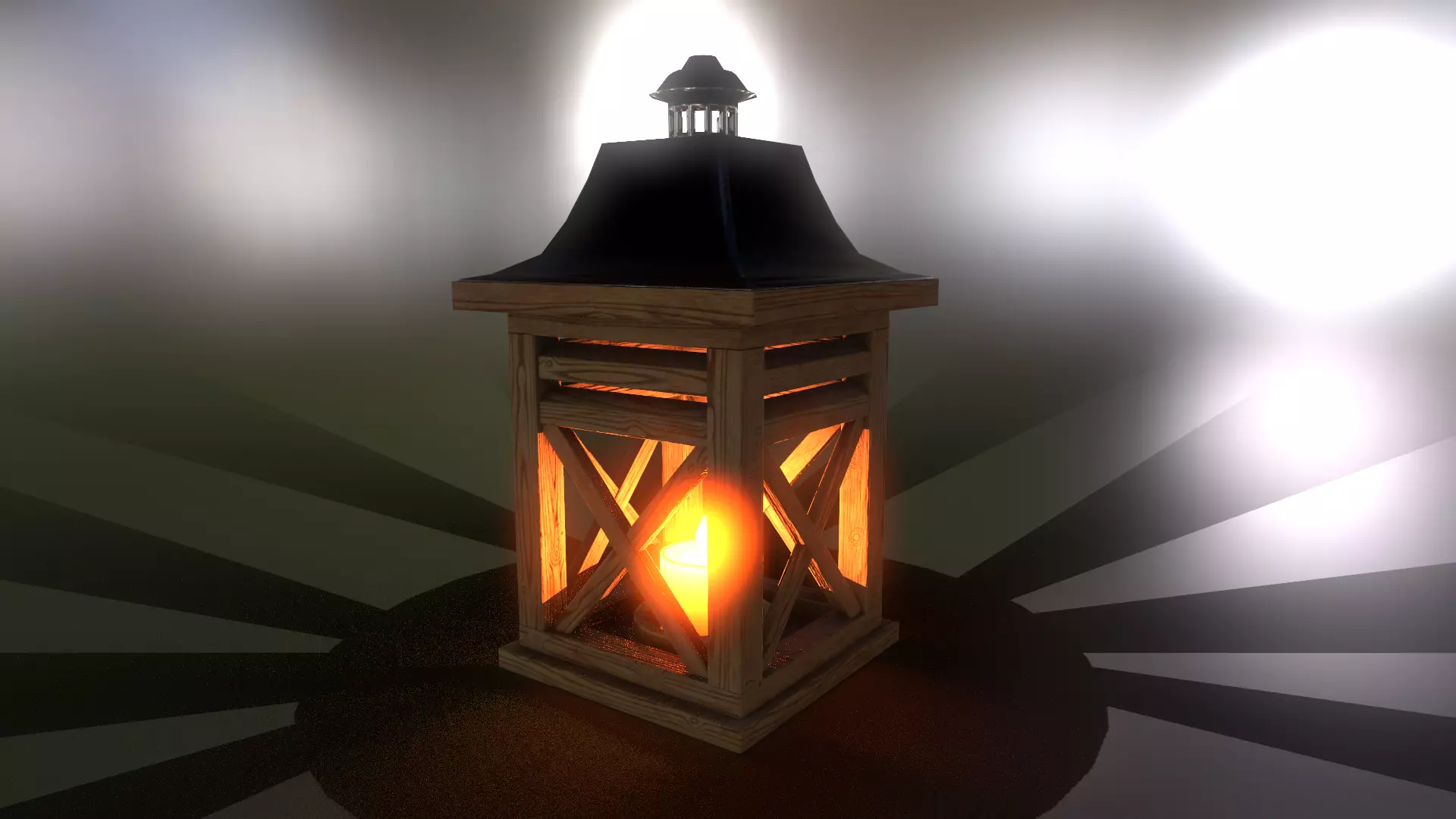 Burning candle in a wooden lantern 3D model_0