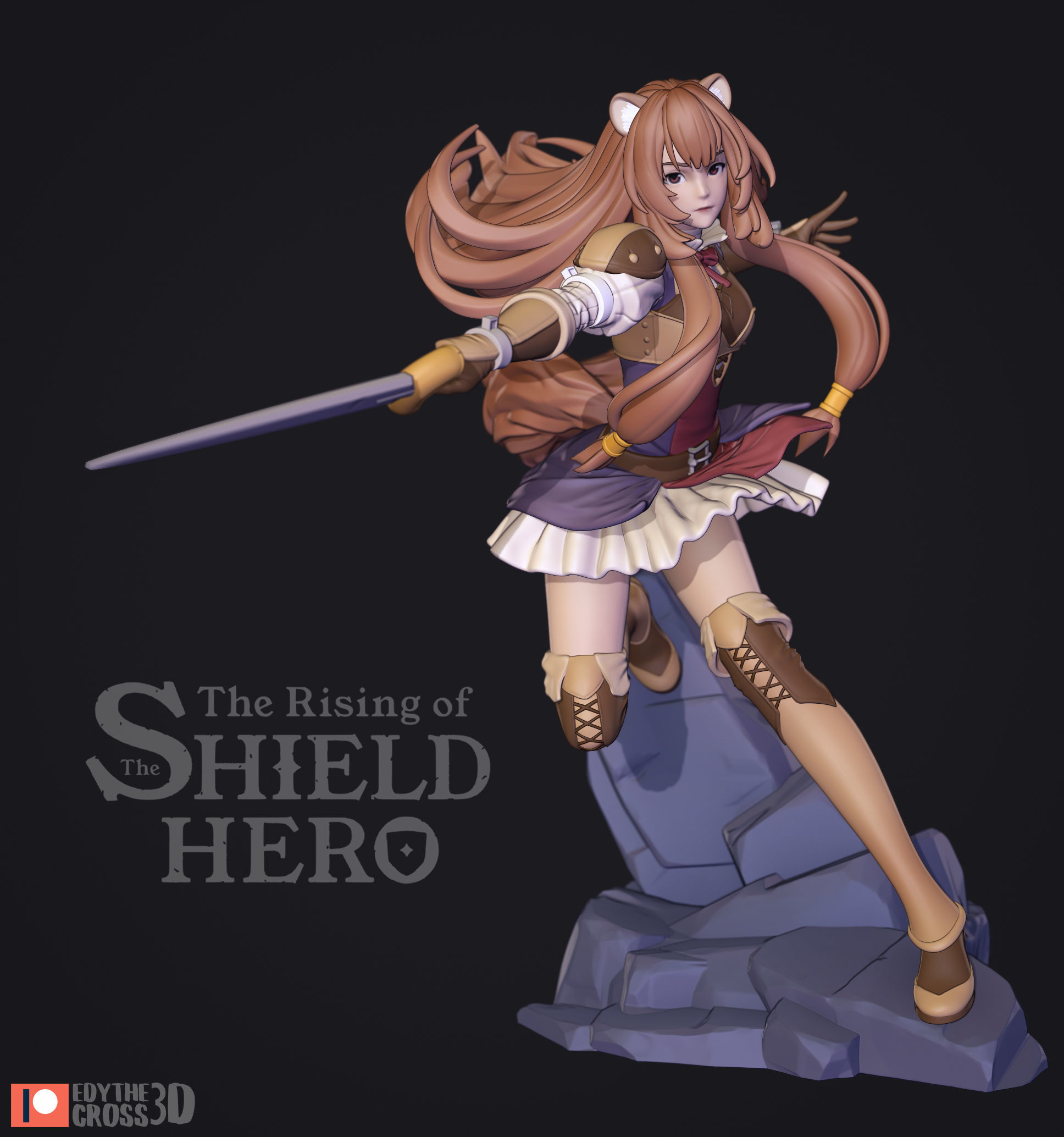Raphtalia statue of girl running on rock 3D print model_2
