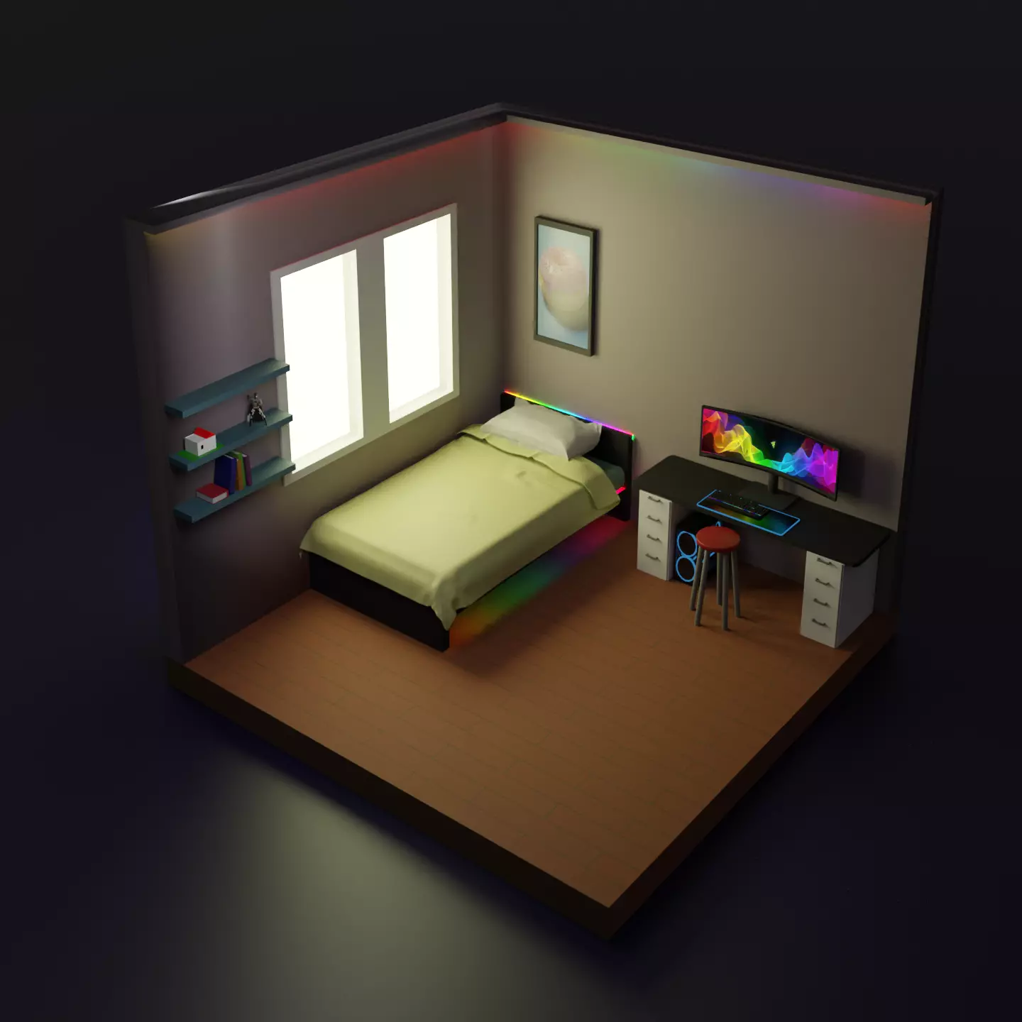 Low poly room with bed and desk Free low-poly 3D model_0