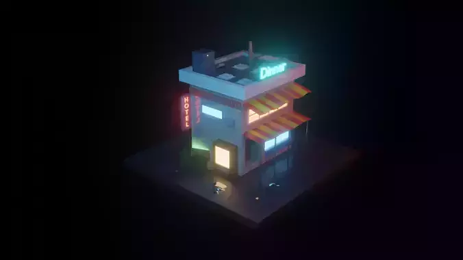 cyberpunk lowpoly building with neon lights