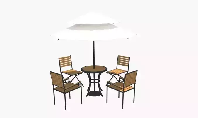 The parasol table and chairs with umbrella