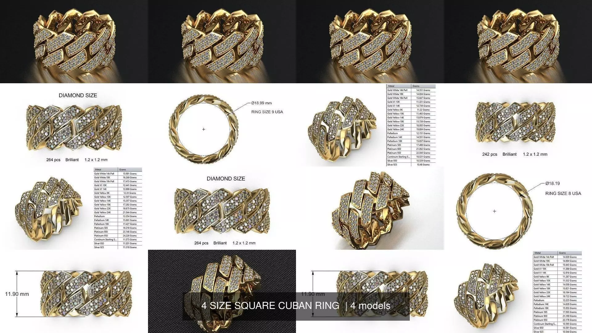 4 SIZE SQUARE CUBAN RING  3D Model Collection_1
