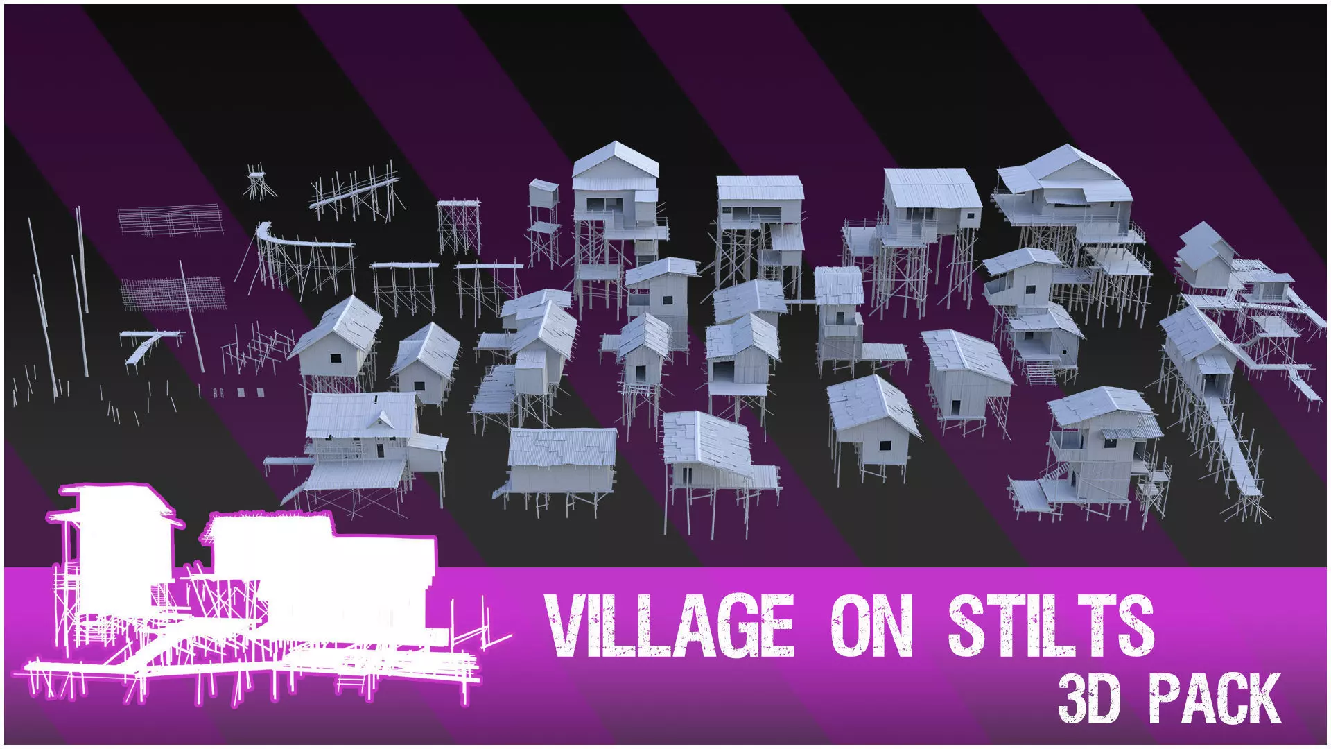 Village on stilts - 3D Pack Kitbash 3D model_0