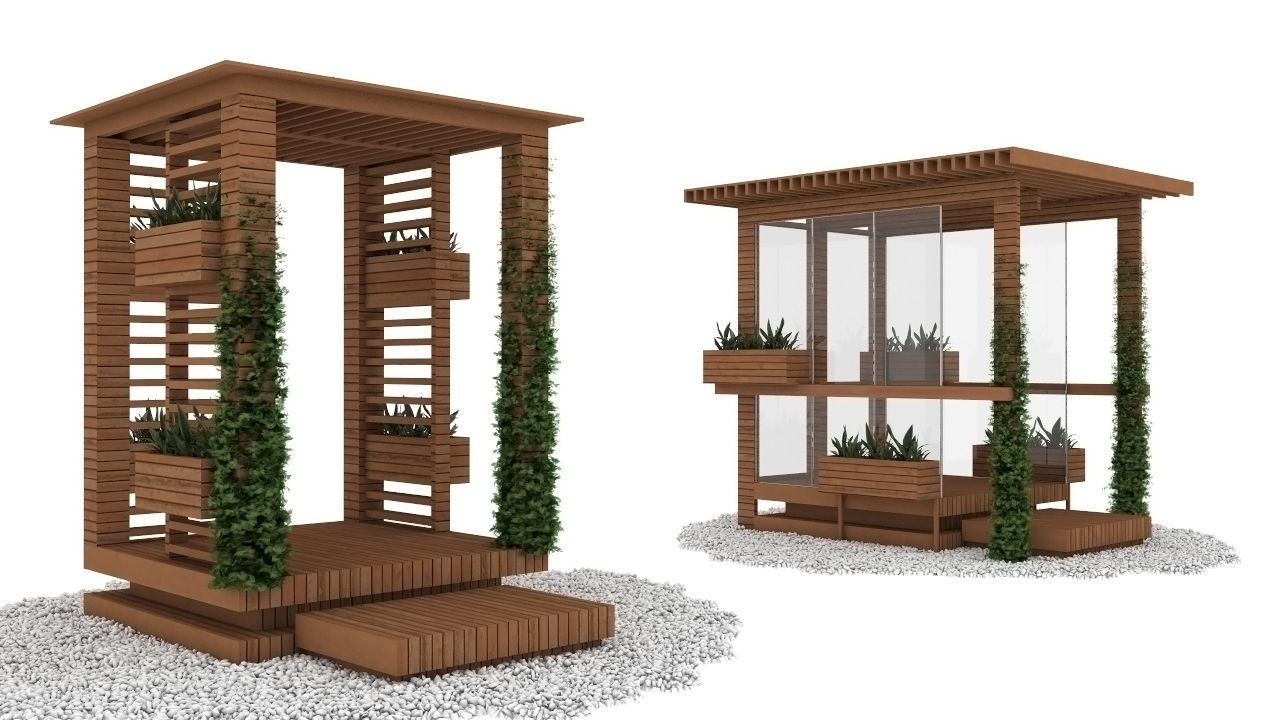 alcoves wooden gazebo with plants 3D model_3