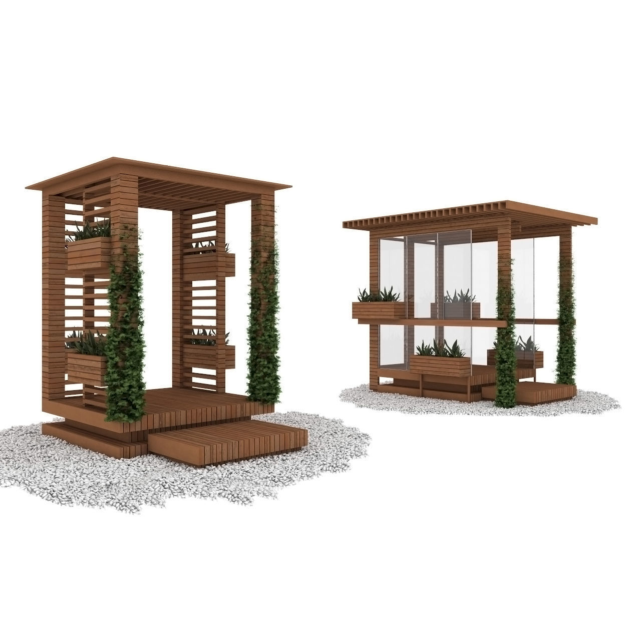 alcoves wooden gazebo with plants 3D model_2