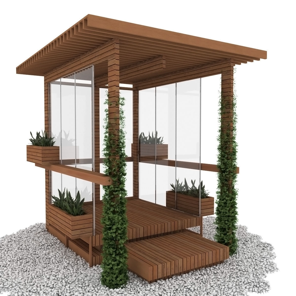 alcoves wooden gazebo with plants 3D model_1