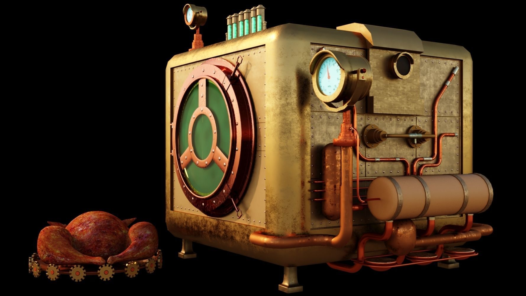 Cute chick and SteamPunk oven 3D model_0