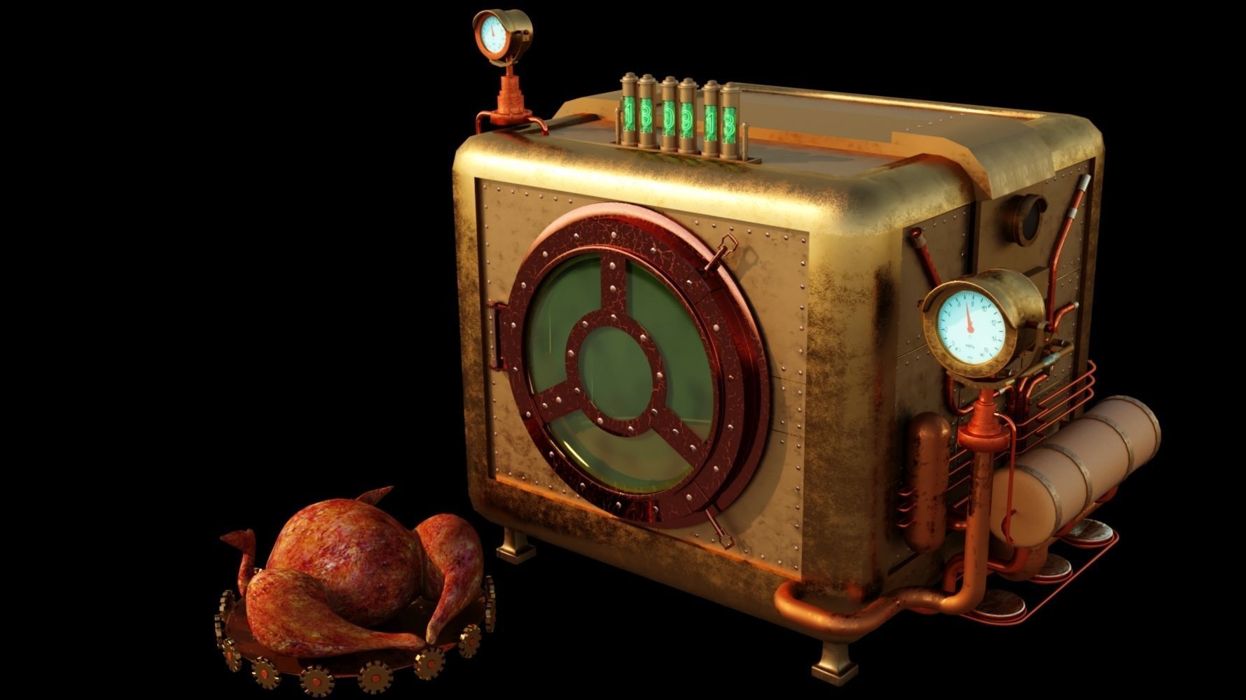 Cute chick and SteamPunk oven 3D model_1