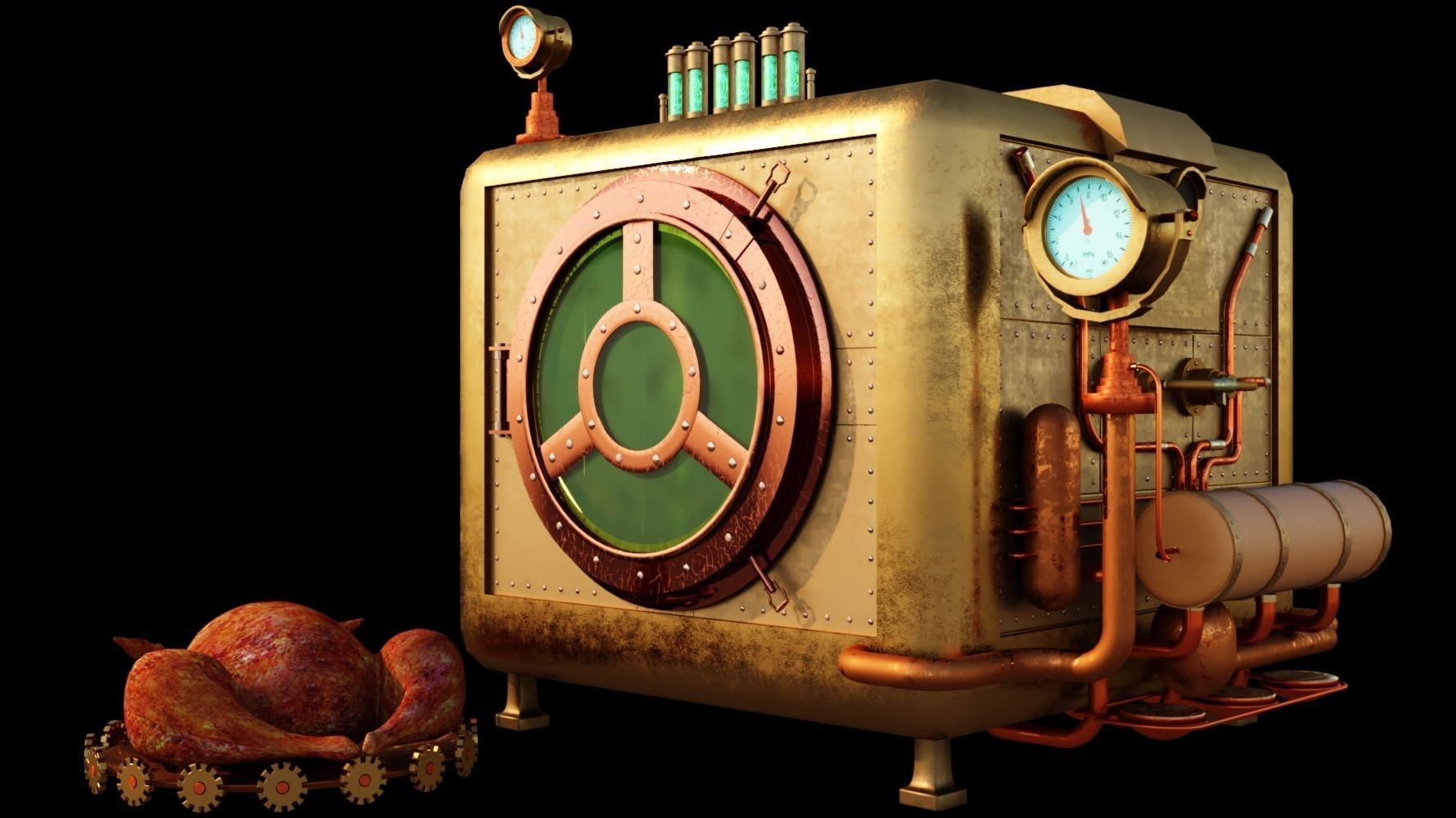 Cute chick and SteamPunk oven 3D model_2