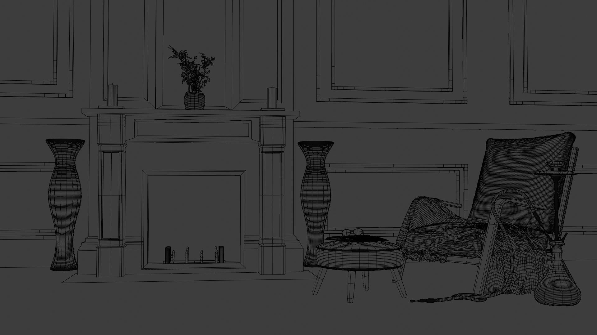 Fireplace chair with pillows and lamp 3D model_1