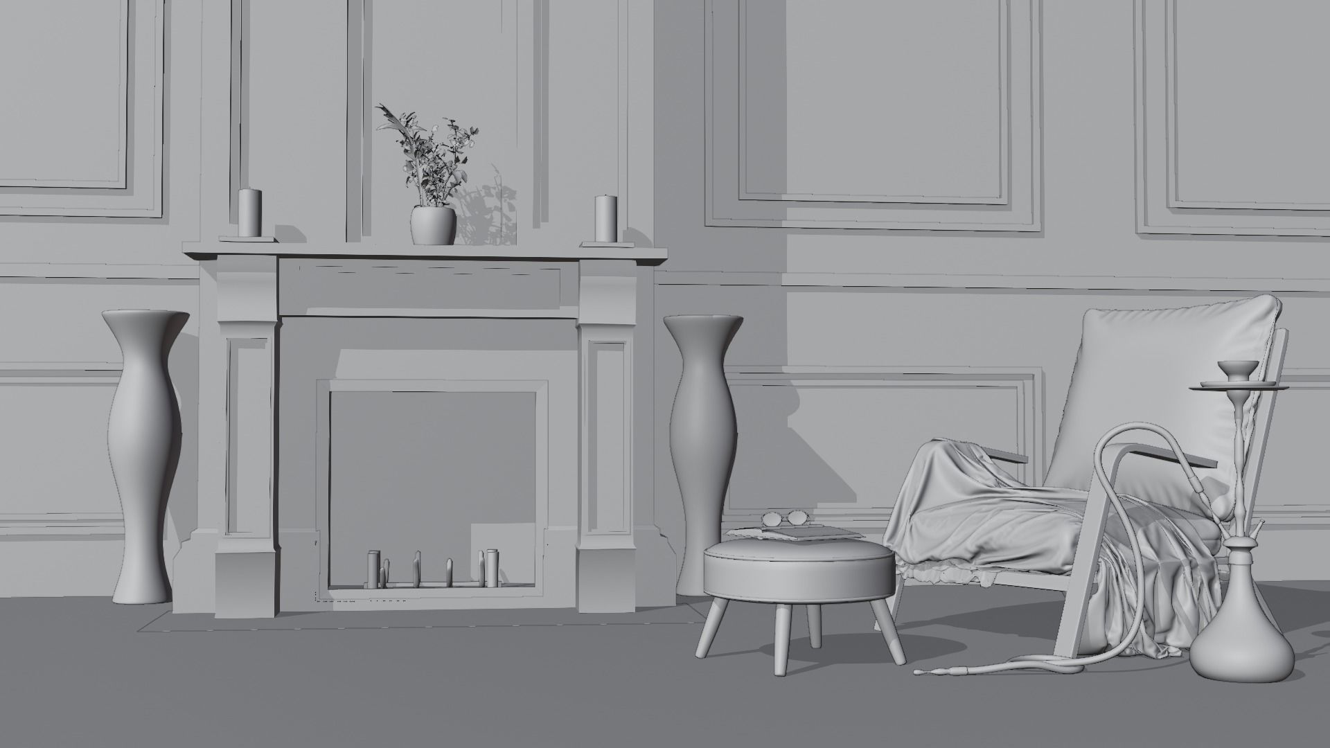 Fireplace chair with pillows and lamp 3D model_2