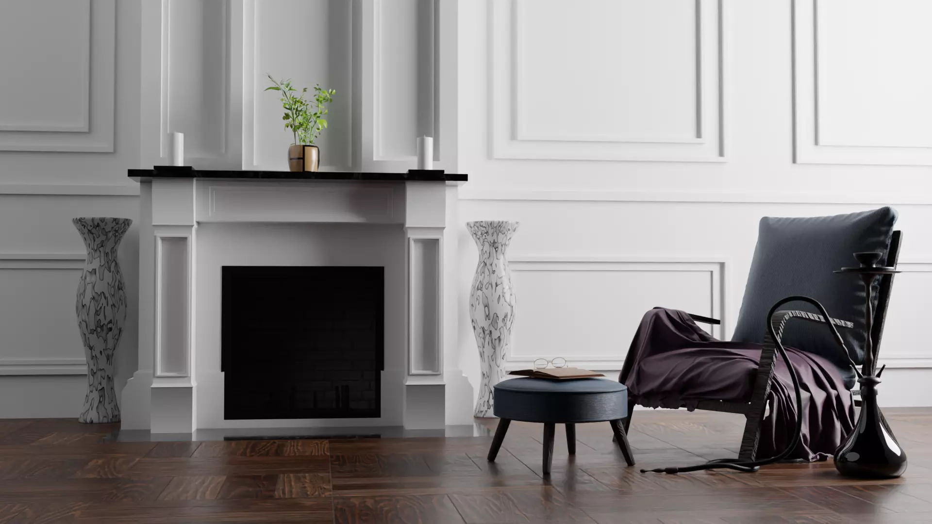 Fireplace chair with pillows and lamp 3D model_0