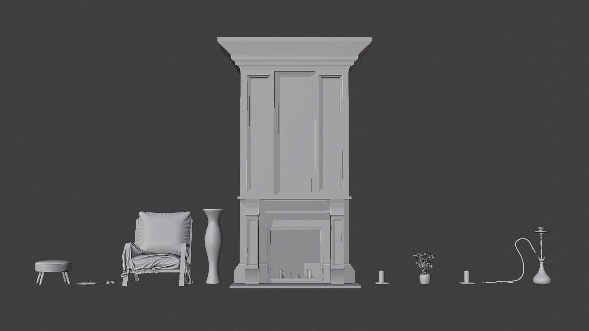 Fireplace chair with pillows and lamp 3D model_8