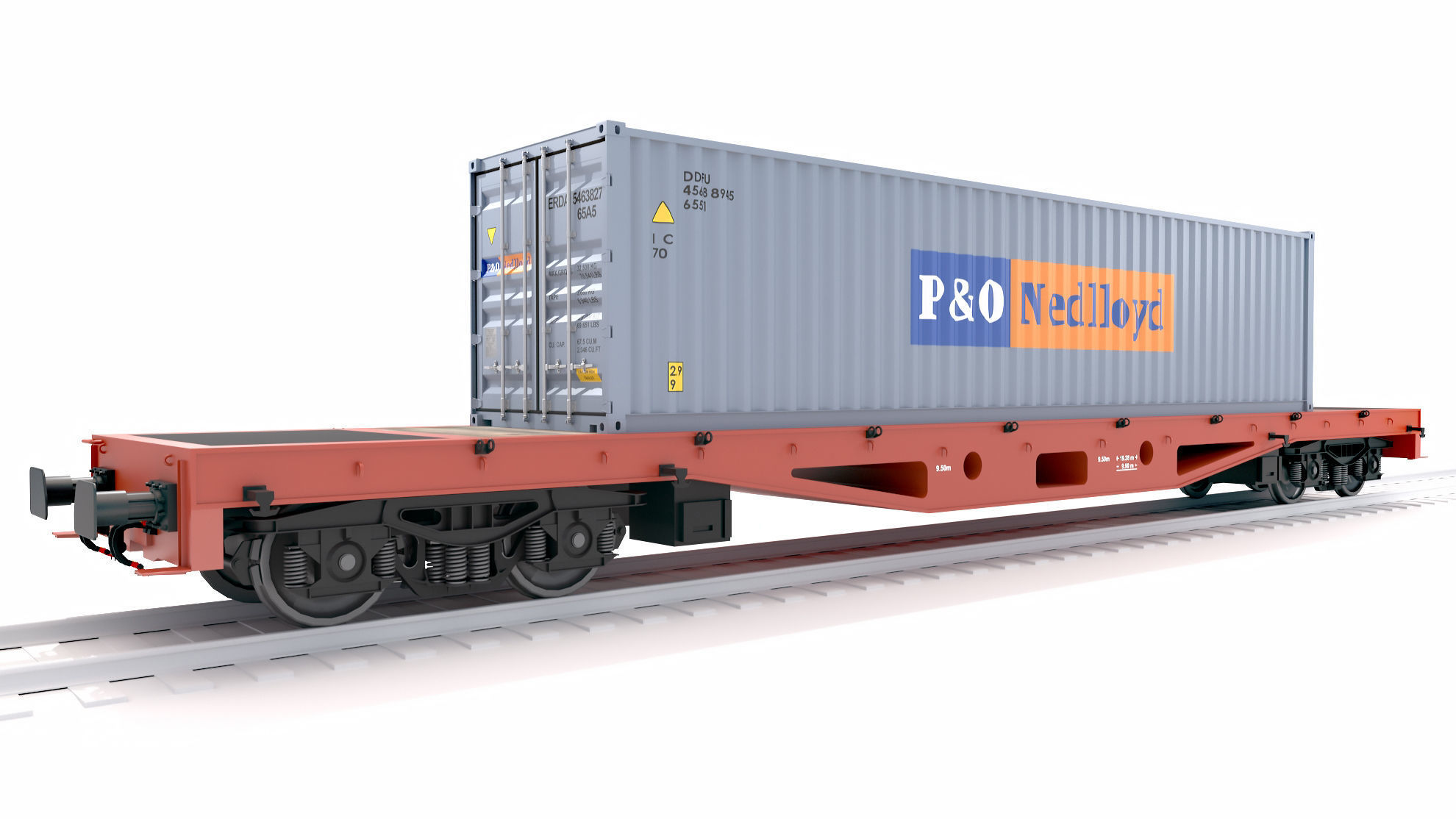 Flat Rail Car P and O Shipping Container 3D model_1