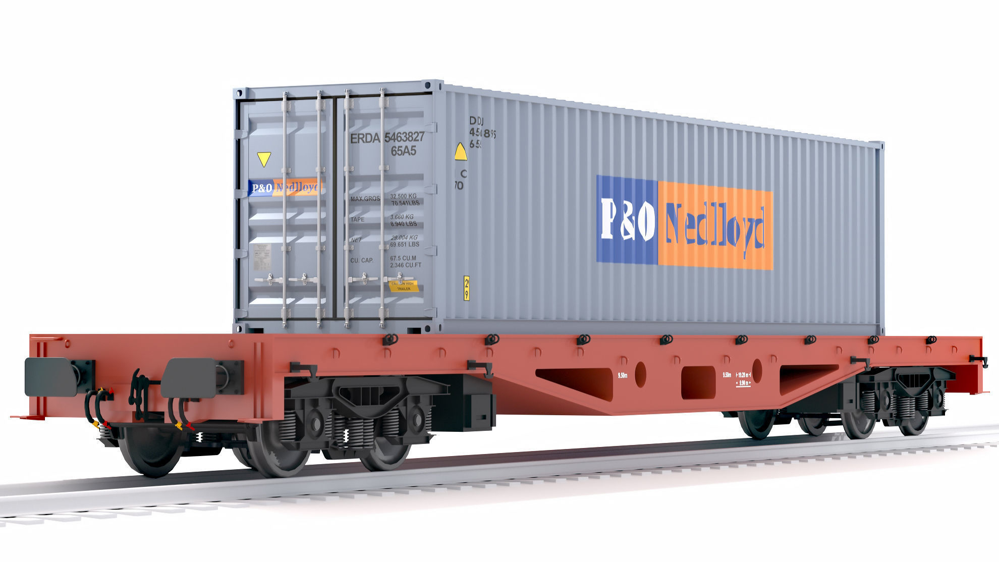 Flat Rail Car P and O Shipping Container 3D model_2