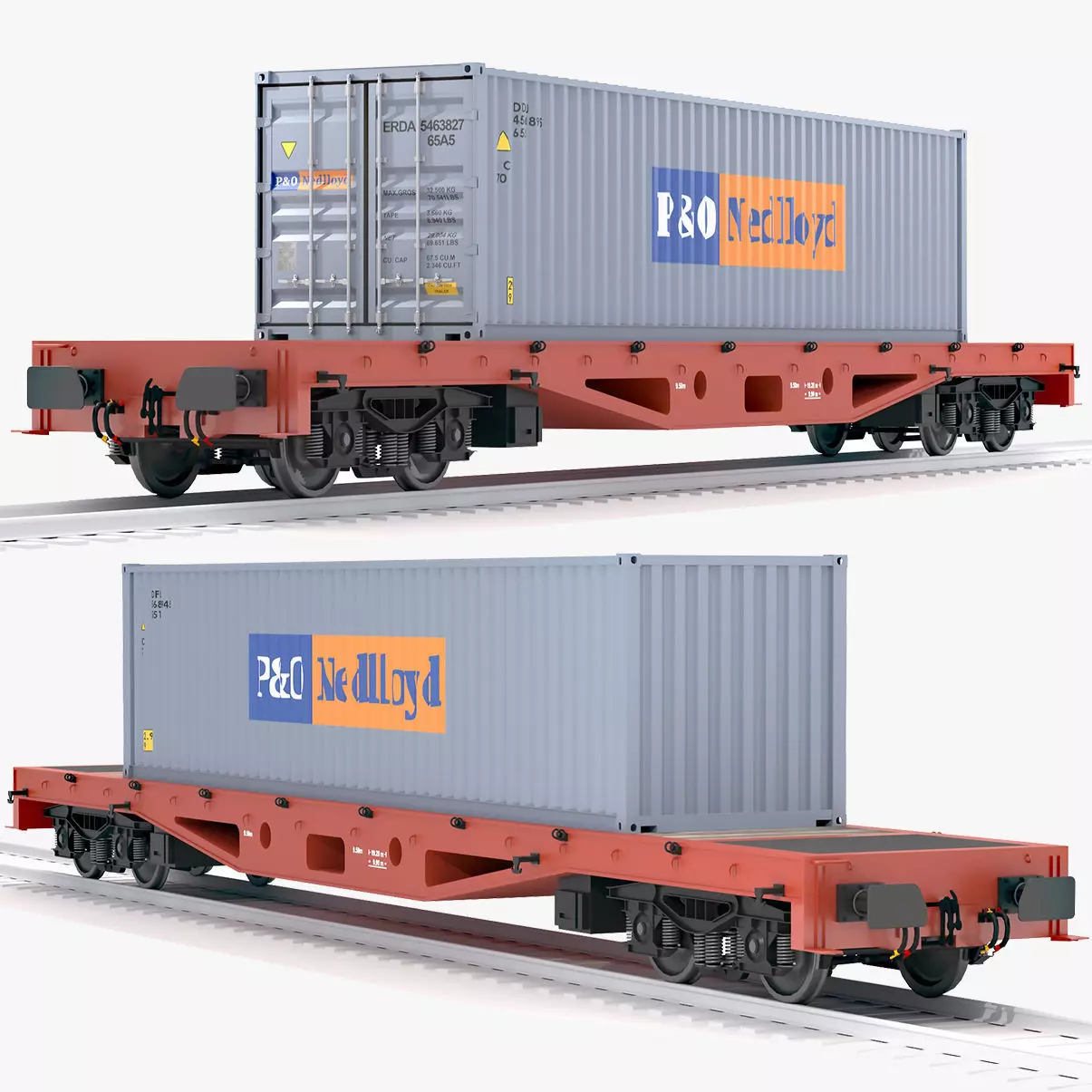 Flat Rail Car P and O Shipping Container 3D model_0