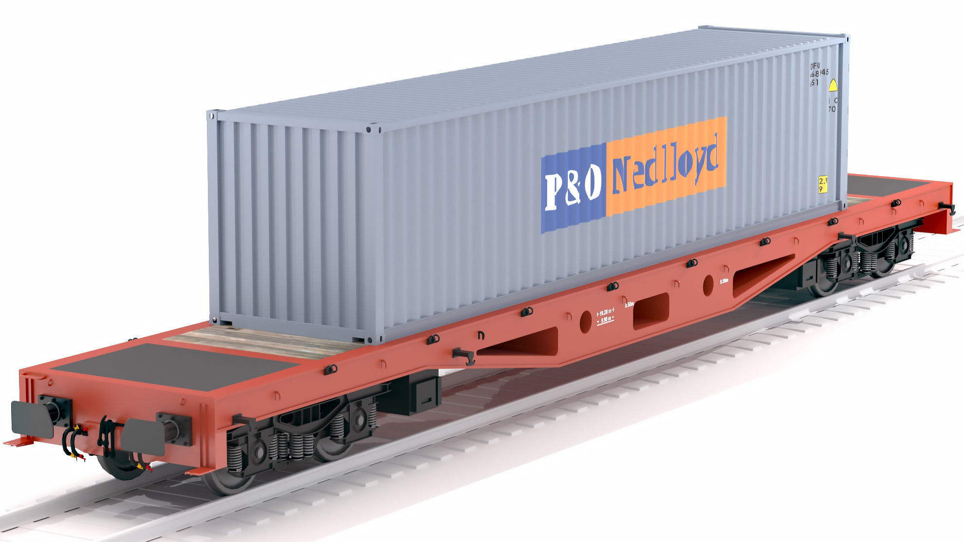 Flat Rail Car P and O Shipping Container 3D model_5