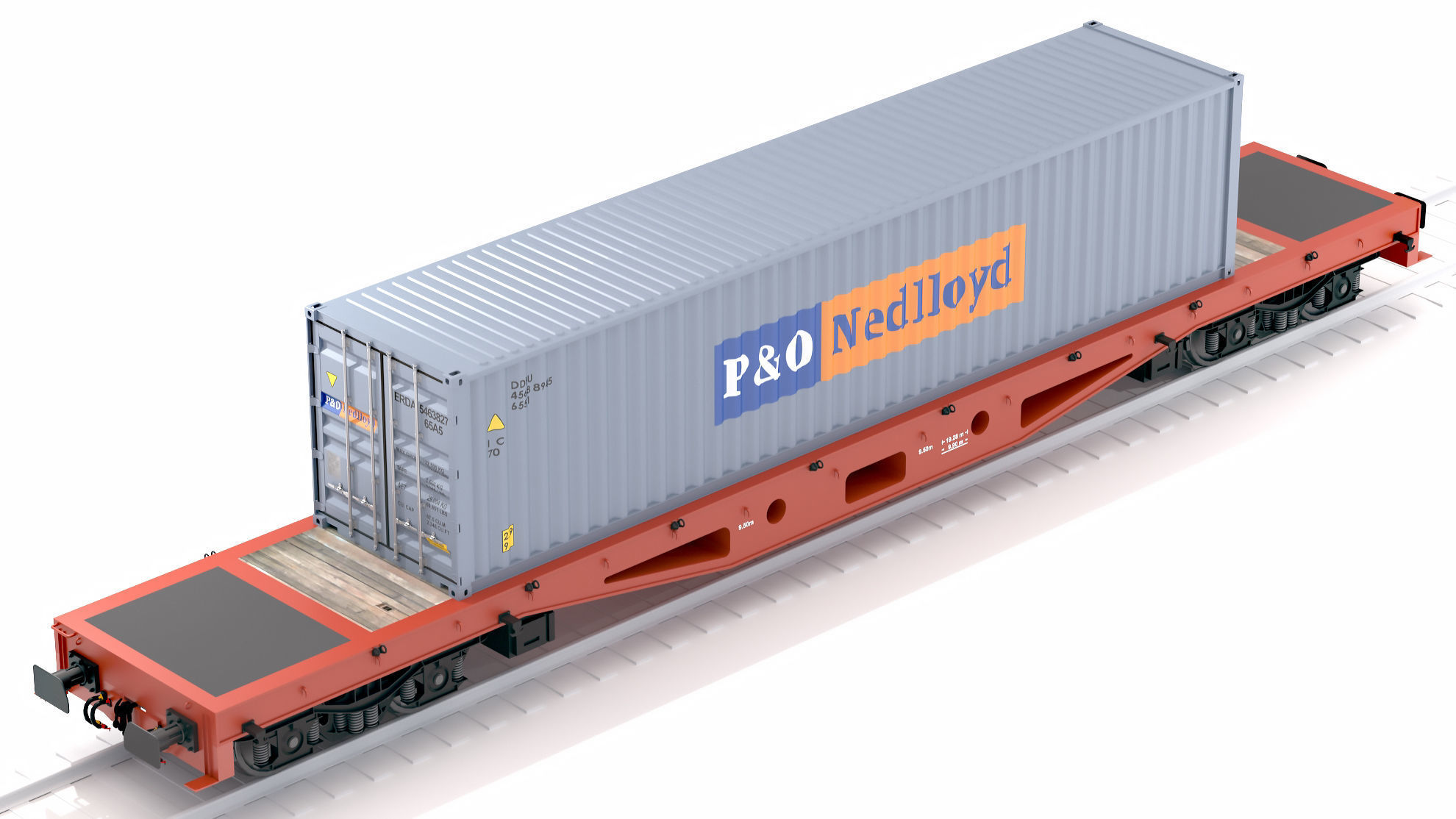 Flat Rail Car P and O Shipping Container 3D model_4