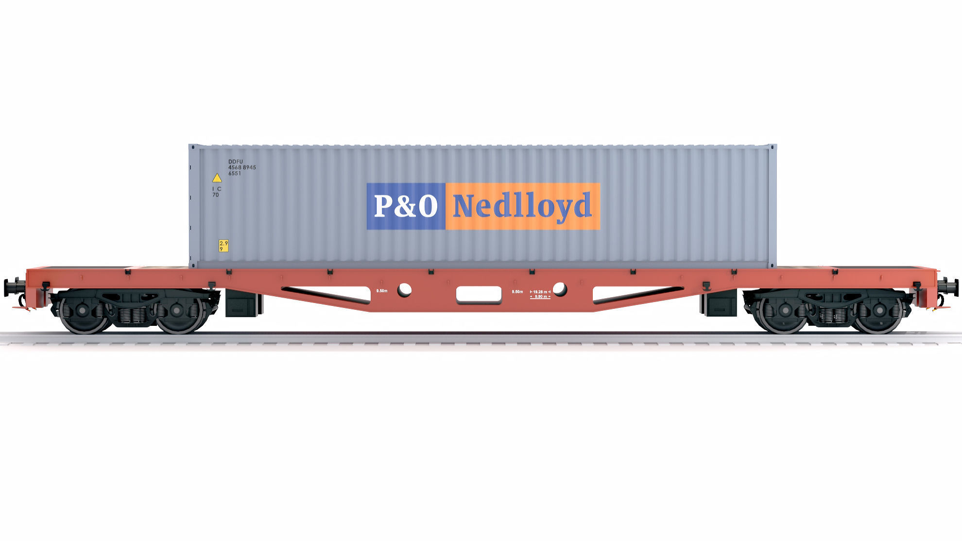 Flat Rail Car P and O Shipping Container 3D model_6