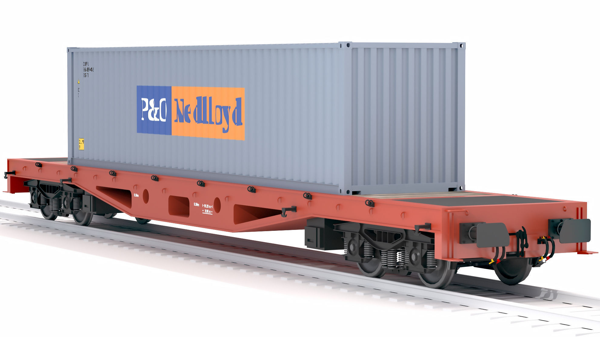 Flat Rail Car P and O Shipping Container 3D model_3