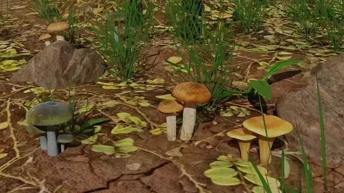 Mushrooms in field with grass and rocks Low-poly 3D model