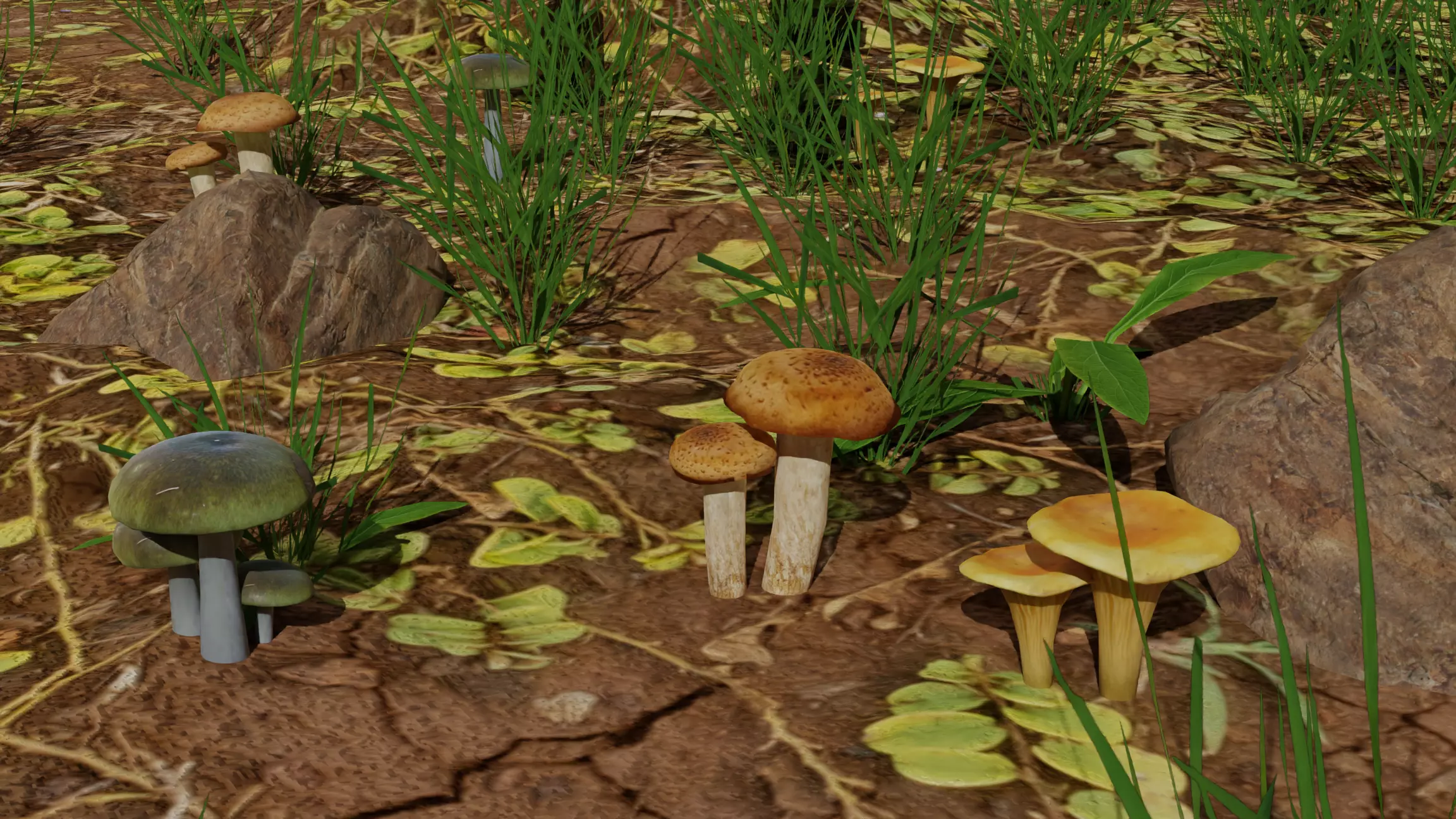 Mushrooms in field with grass and rocks Low-poly 3D model_0