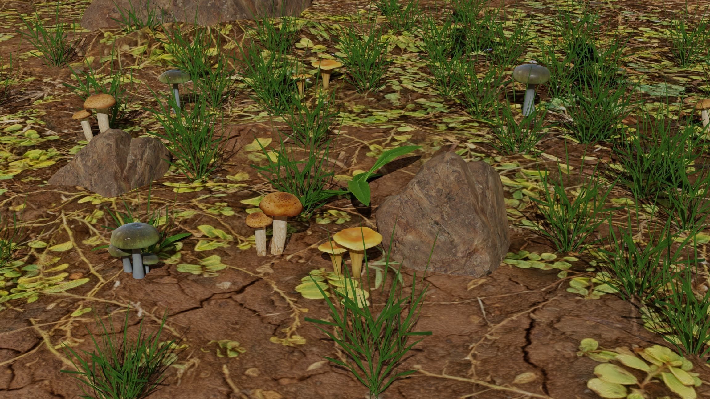 Mushrooms in field with grass and rocks Low-poly 3D model_2