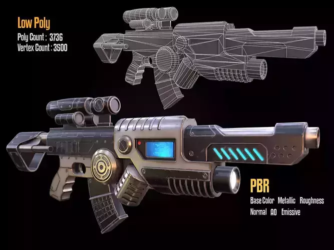 Scifi gun low poly and Cad model