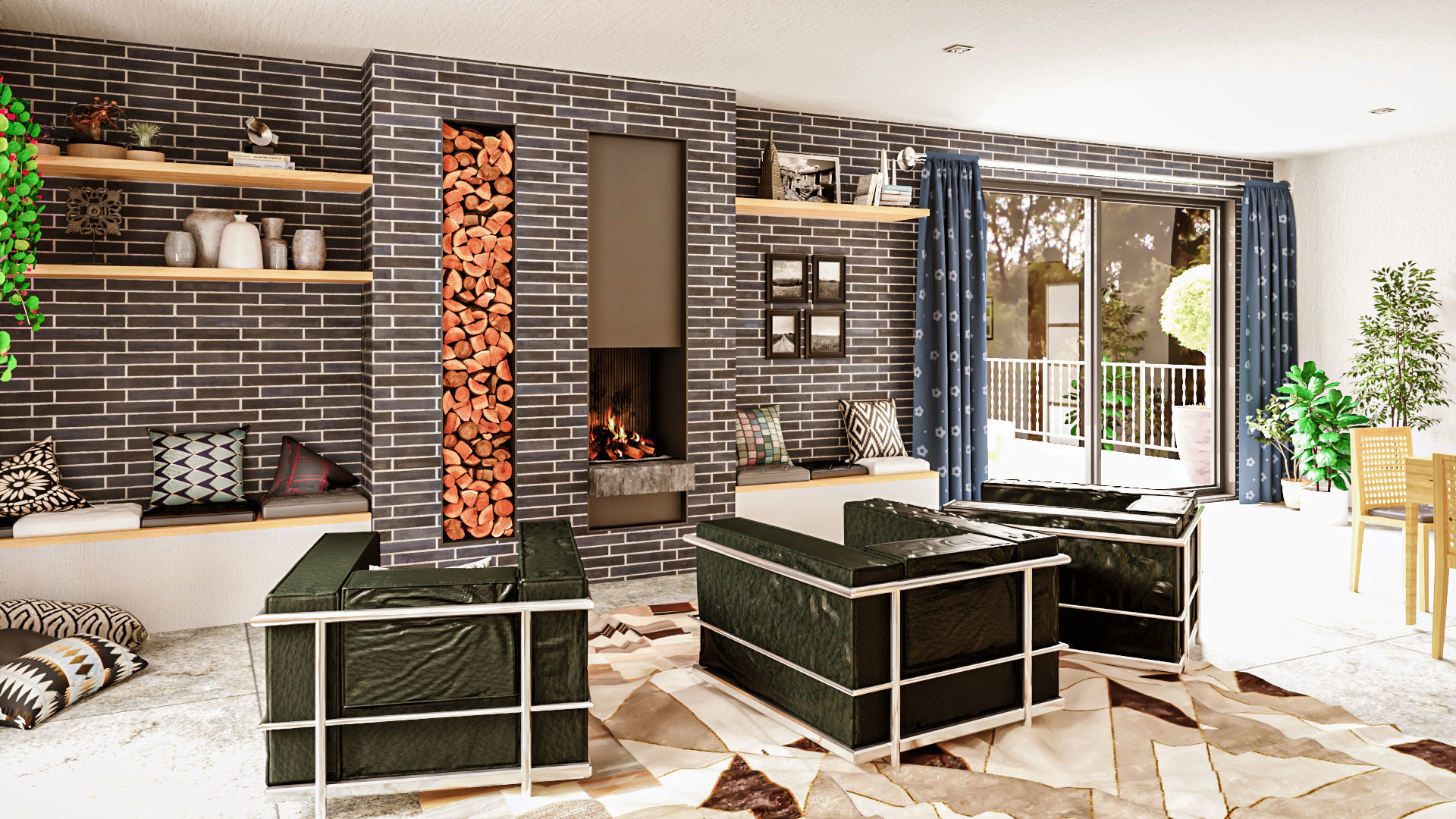 Modern kitchen and living room interior and exterior 3D model_15