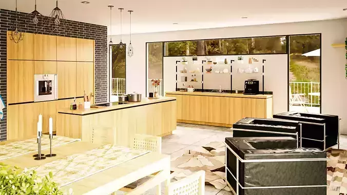 Modern kitchen and living room interior and exterior 3D model