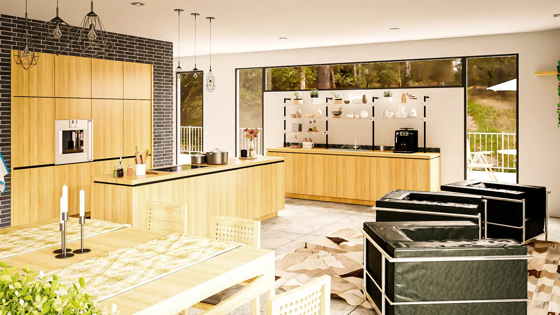 Modern kitchen and living room interior and exterior 3D model_0