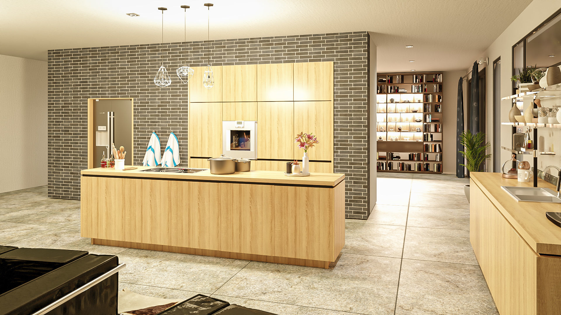 Modern kitchen and living room interior and exterior 3D model_21