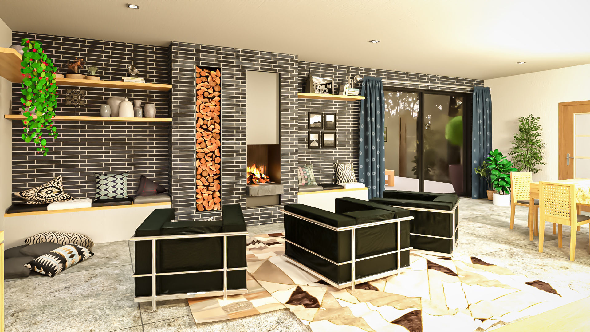 Modern kitchen and living room interior and exterior 3D model_22