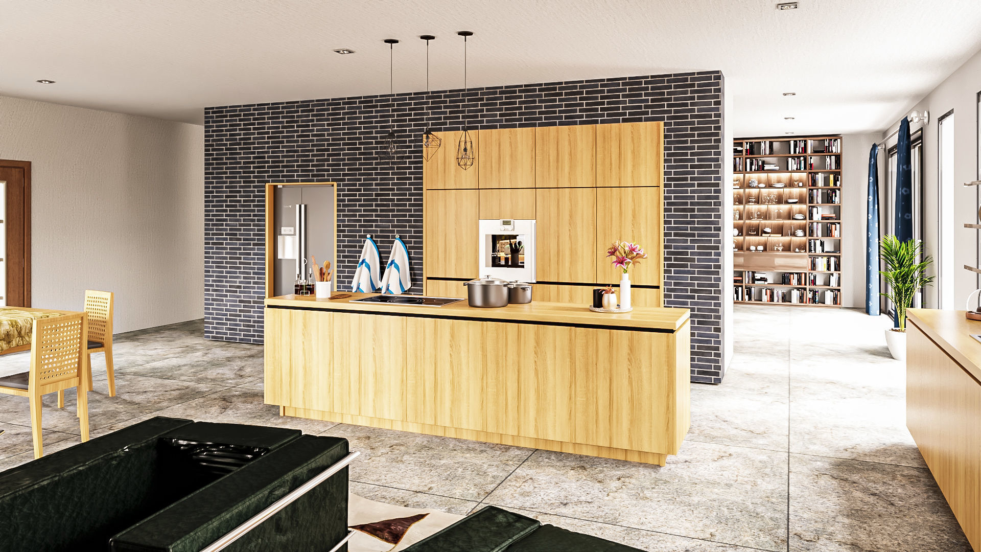 Modern kitchen and living room interior and exterior 3D model_6