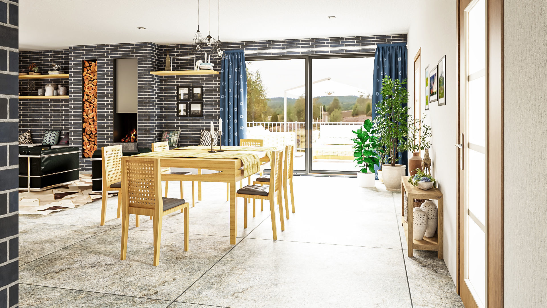 Modern kitchen and living room interior and exterior 3D model_5