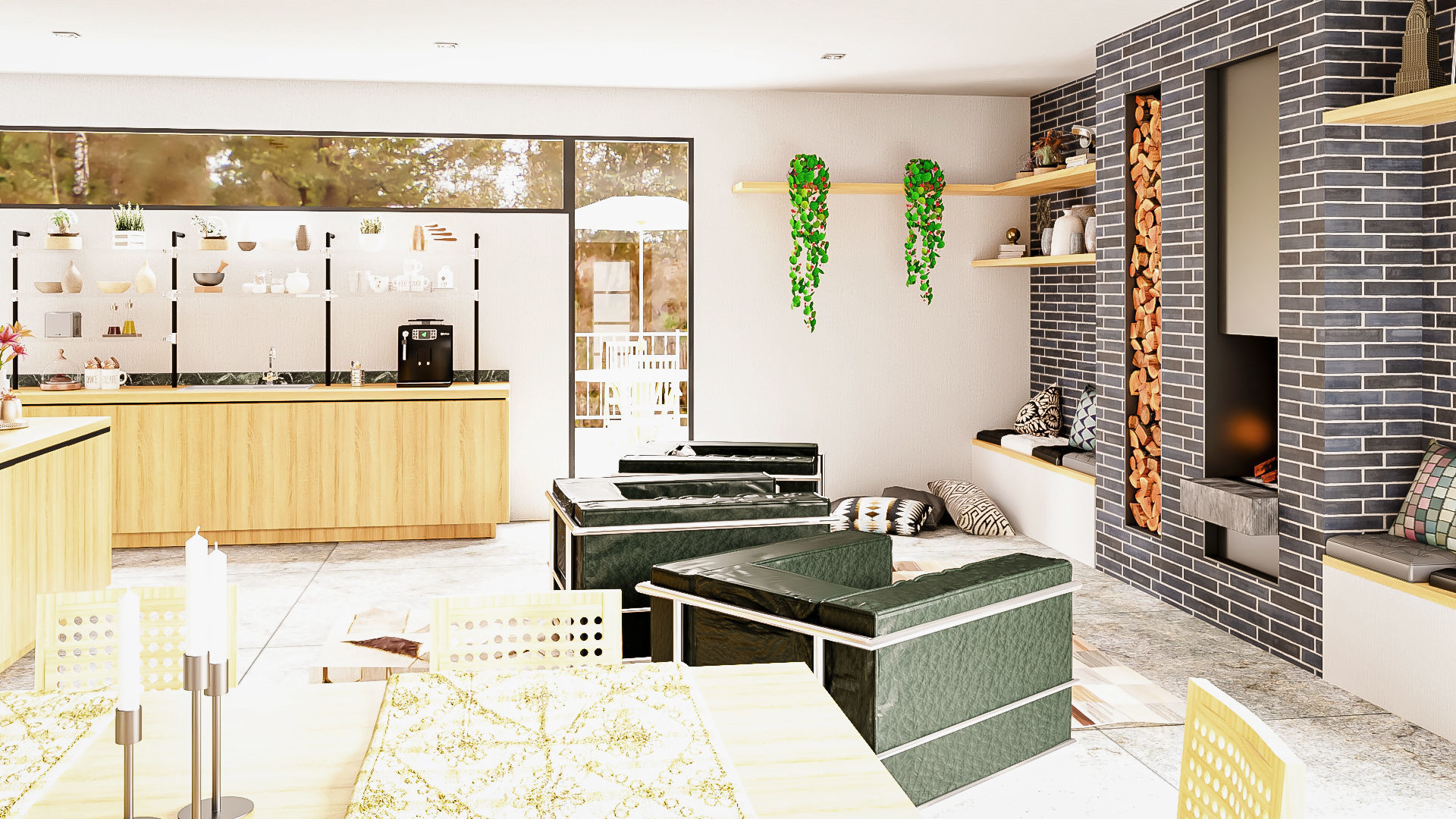 Modern kitchen and living room interior and exterior 3D model_14