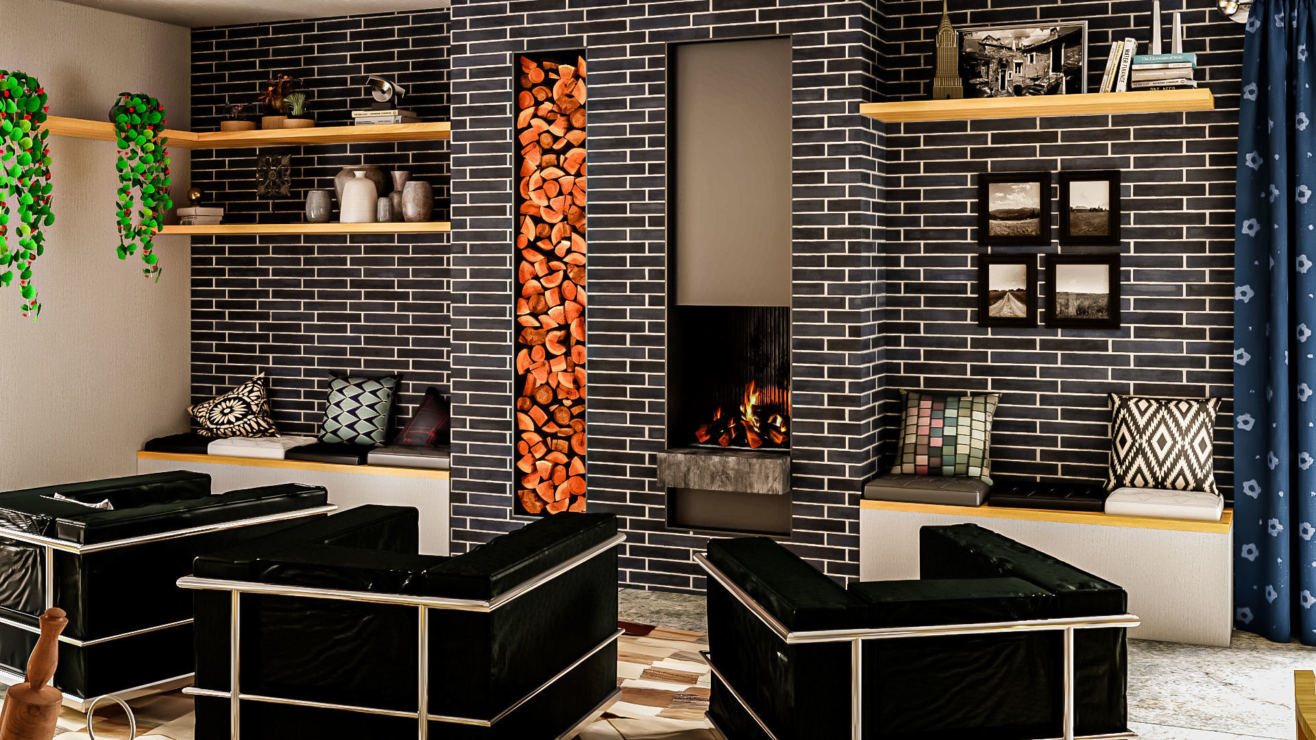 Modern kitchen and living room interior and exterior 3D model_2