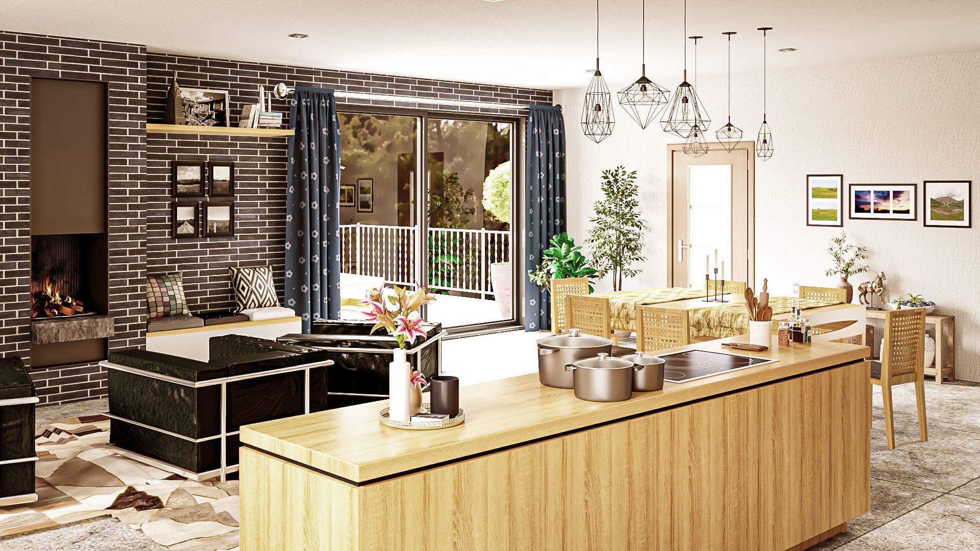 Modern kitchen and living room interior and exterior 3D model_16