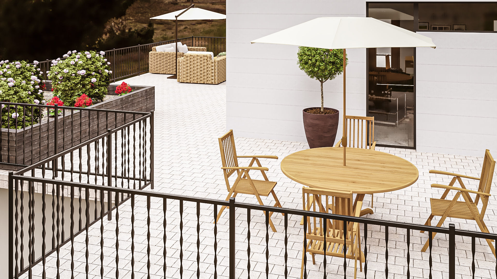 Modern kitchen and living room interior and exterior 3D model_8