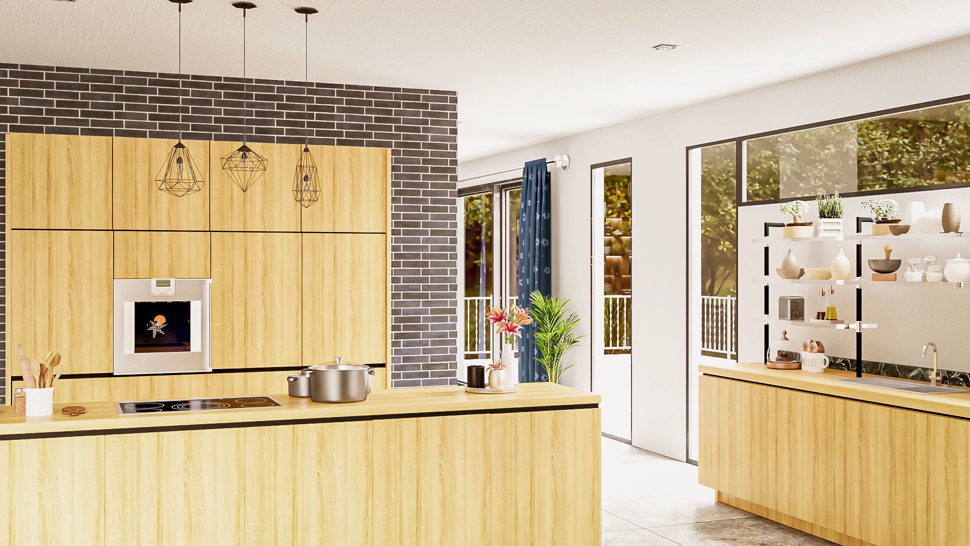 Modern kitchen and living room interior and exterior 3D model_10