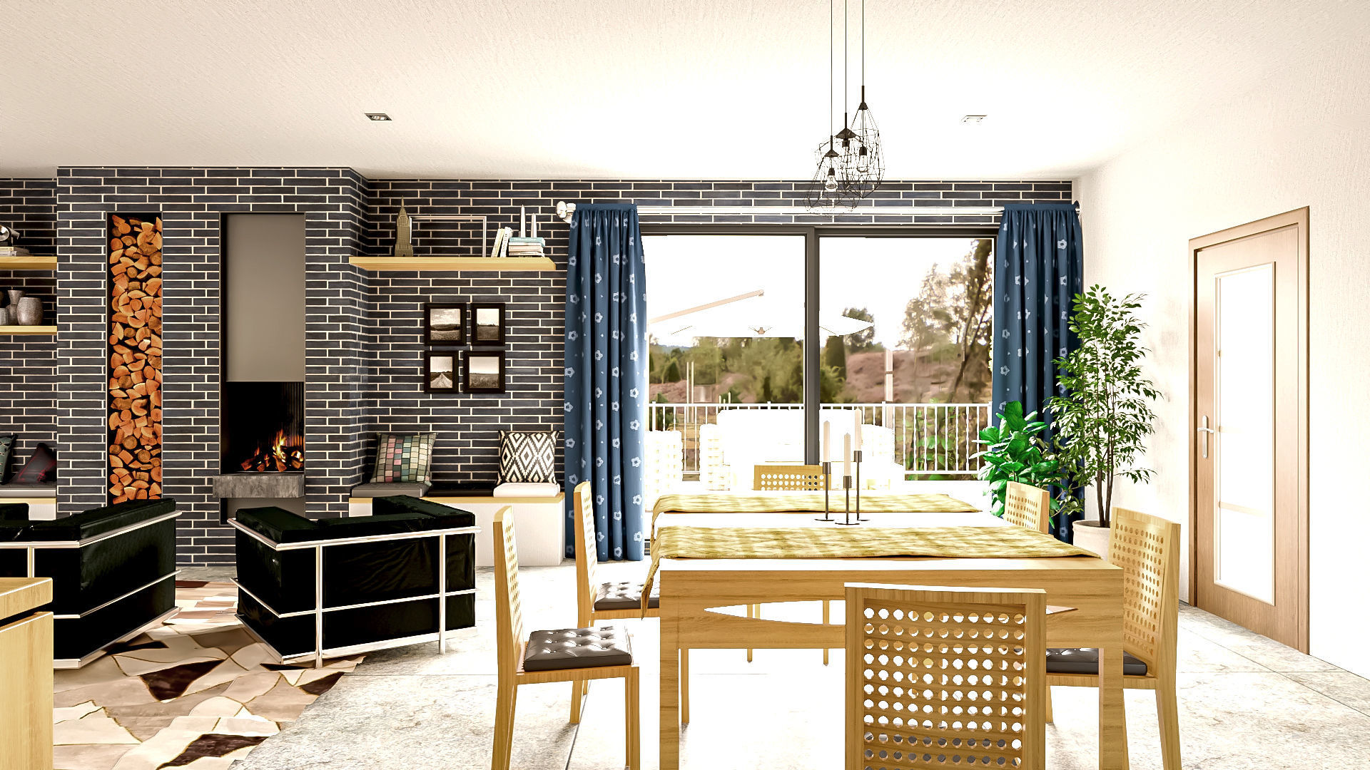 Modern kitchen and living room interior and exterior 3D model_7