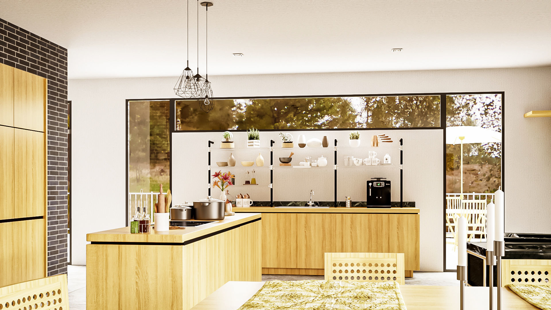 Modern kitchen and living room interior and exterior 3D model_9