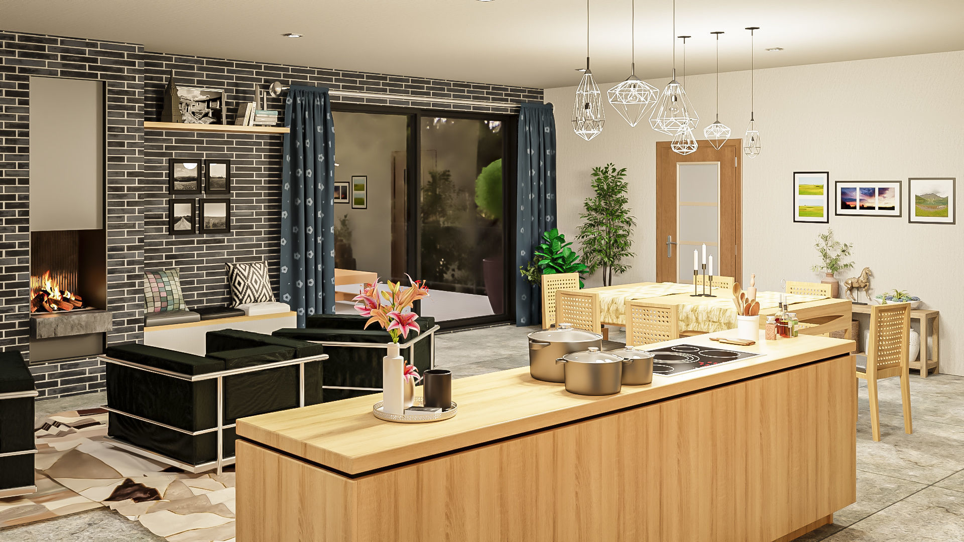 Modern kitchen and living room interior and exterior 3D model_23