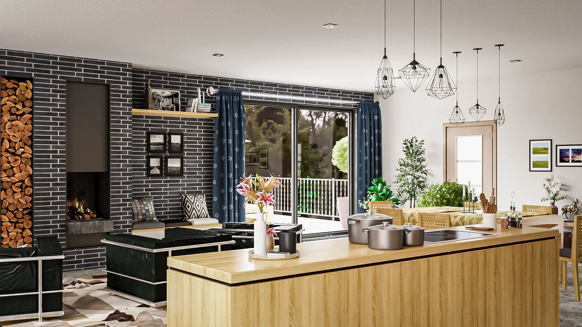 Modern kitchen and living room interior and exterior 3D model_3