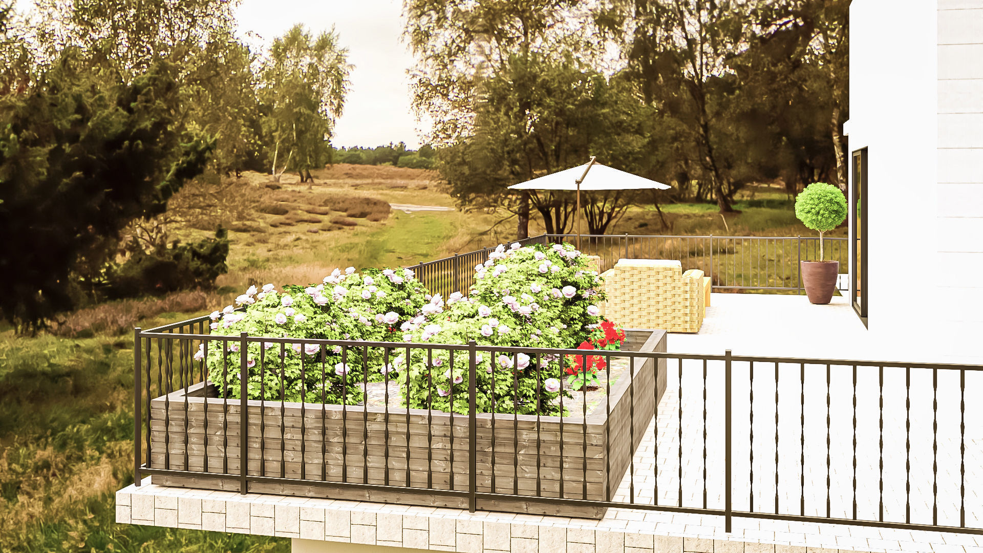 Modern kitchen and living room interior and exterior 3D model_12