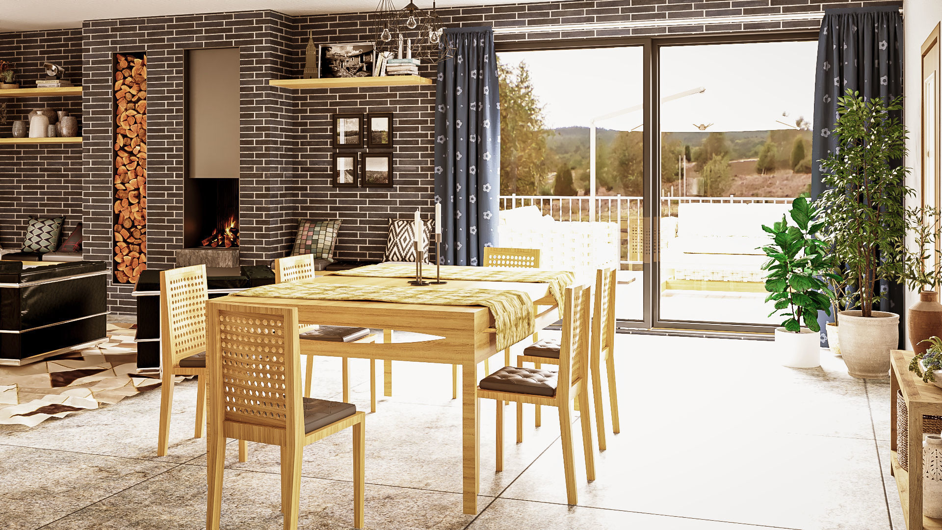 Modern kitchen and living room interior and exterior 3D model_17