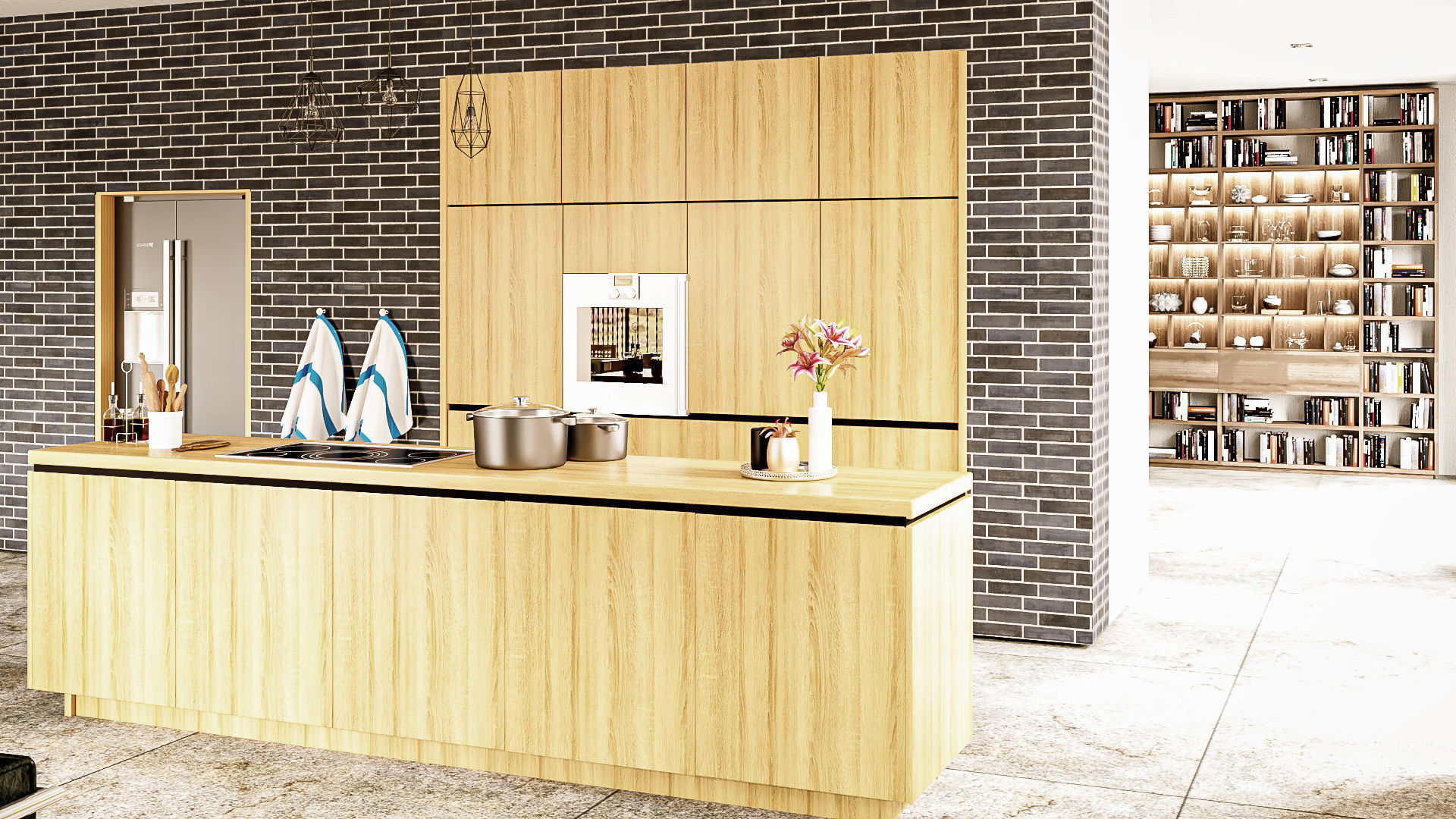 Modern kitchen and living room interior and exterior 3D model_18