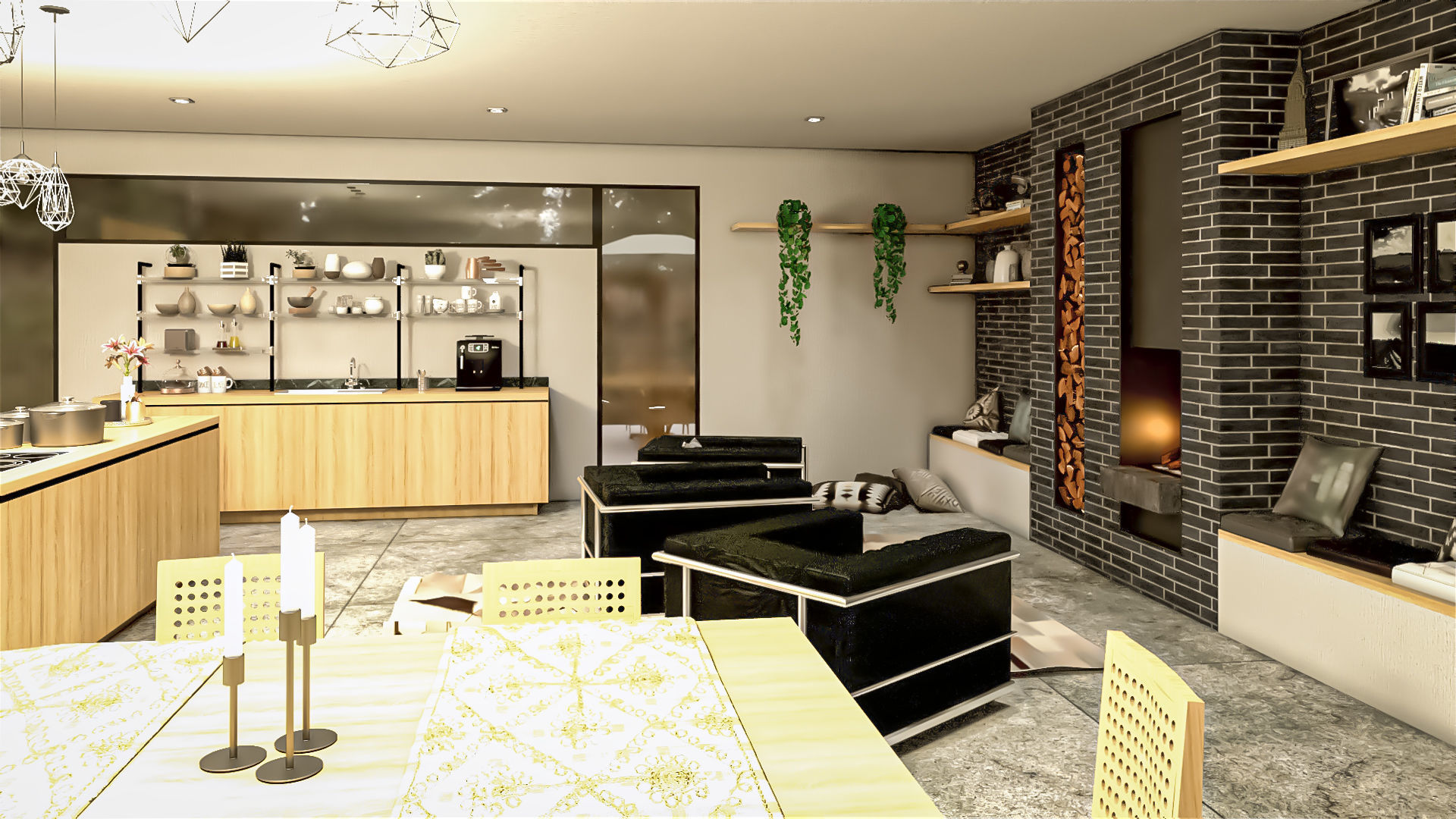 Modern kitchen and living room interior and exterior 3D model_24